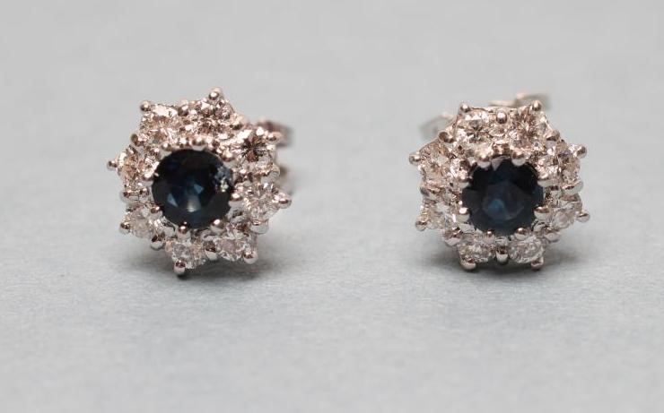A PAIR OF SAPPHIRE AND DIAMOND CLUSTER EAR STUDS Image