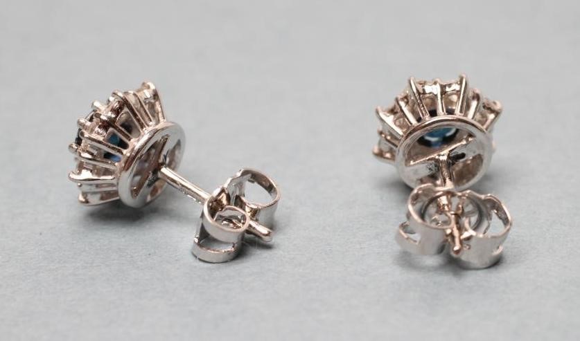 A PAIR OF SAPPHIRE AND DIAMOND CLUSTER EAR STUDS Image