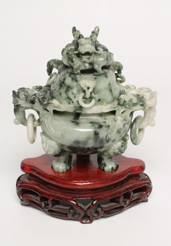 A CHINESE GREEN STAINED AND POLISHED HARDSTONE CENSER of typical form Image