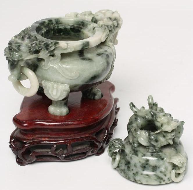 A CHINESE GREEN STAINED AND POLISHED HARDSTONE CENSER of typical form Image