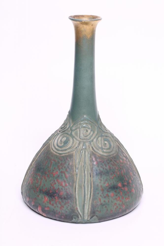 AN AMPHORA EARTHENWARE SECESSIONIST VASE with high neck and rounded conical base moulded in relief Image