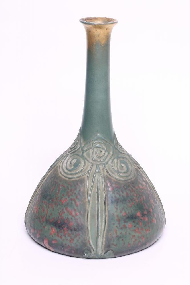 AN AMPHORA EARTHENWARE SECESSIONIST VASE with high neck and rounded conical base moulded in relief Image
