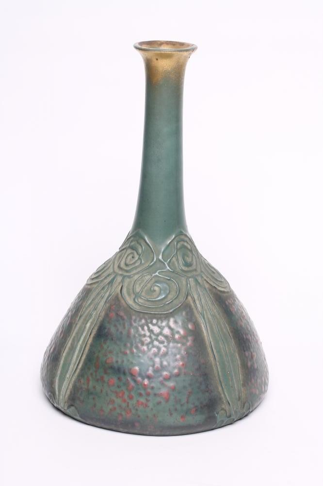 AN AMPHORA EARTHENWARE SECESSIONIST VASE with high neck and rounded conical base moulded in relief Image