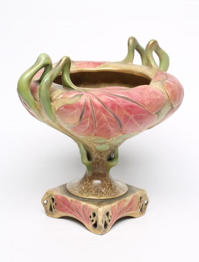 AN AMPHORA EARTHENWARE ART NOUVEAU PEDESTAL DISH of rounded conical form moulded with large leaves Image