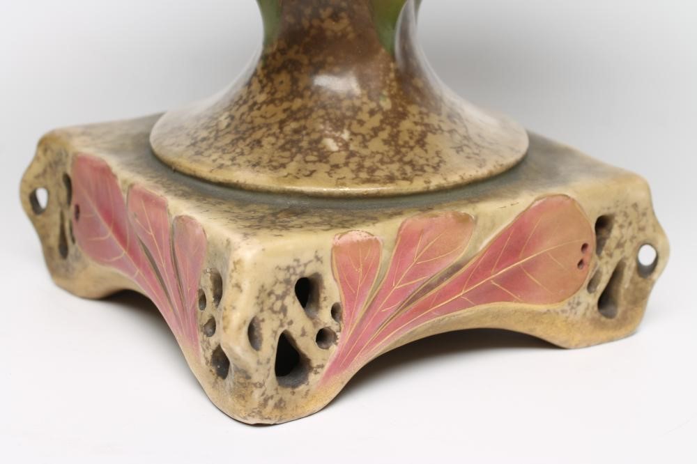 AN AMPHORA EARTHENWARE ART NOUVEAU PEDESTAL DISH of rounded conical form moulded with large leaves Image