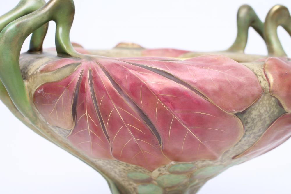 AN AMPHORA EARTHENWARE ART NOUVEAU PEDESTAL DISH of rounded conical form moulded with large leaves Image