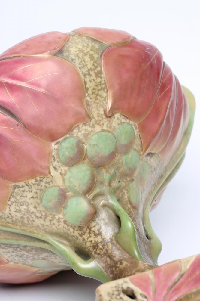 AN AMPHORA EARTHENWARE ART NOUVEAU PEDESTAL DISH of rounded conical form moulded with large leaves Image