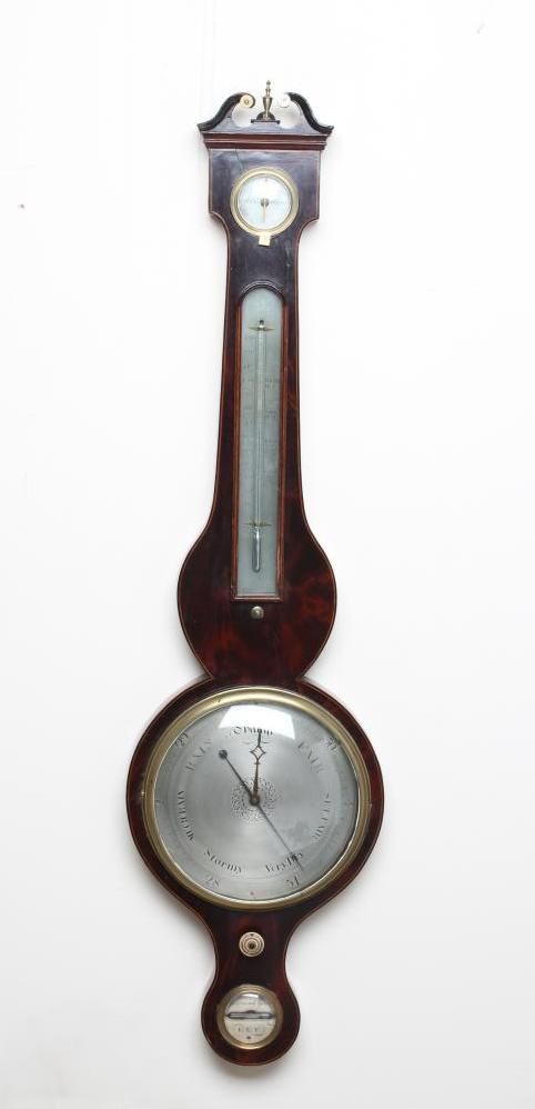 A MAHOGANY FOUR GLASS WHEEL BAROMETER by Jeremiah Giscava Image