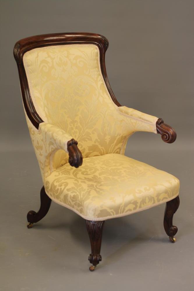 A WILLIAM IV ROSEWOOD OPEN FRAME SALON CHAIR upholstered in cream silk damask Image
