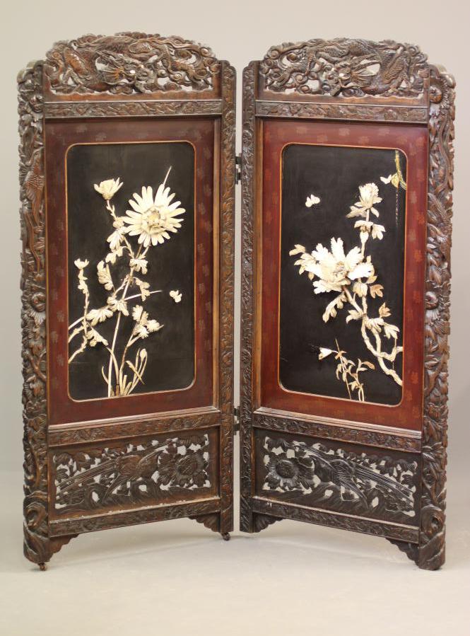 A CHINESE PADOUK WOOD AND IVORY FOLDING ROOM SCREEN Image