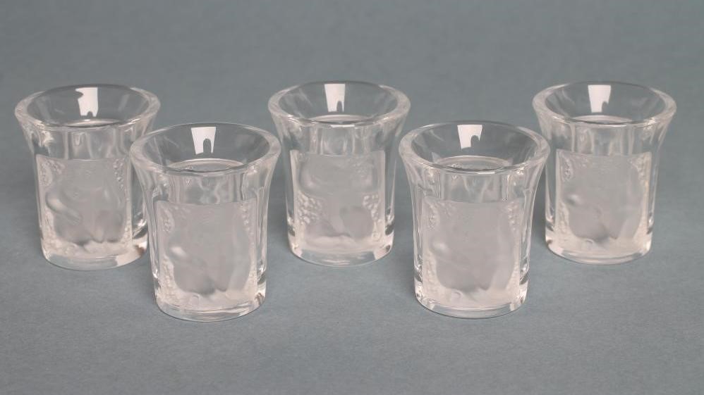A SET OF FIVE "LES ENFANTS" LALIQUE SHOT GLASSES of slightly flared cylindrical form each with two Image