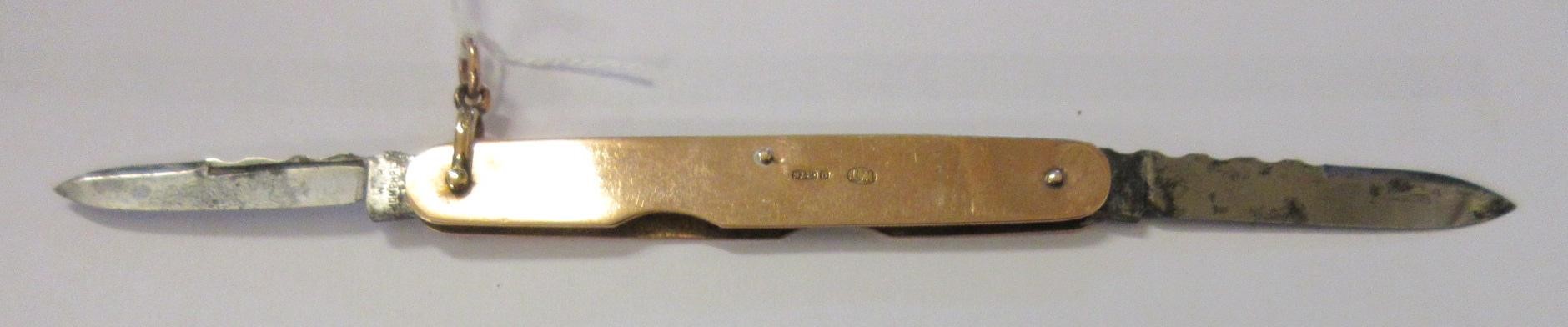 A LATE VICTORIAN 9CT GOLD CASED PEN KNIFE by William Turner & Co., Chester 1901, with two hinged Image