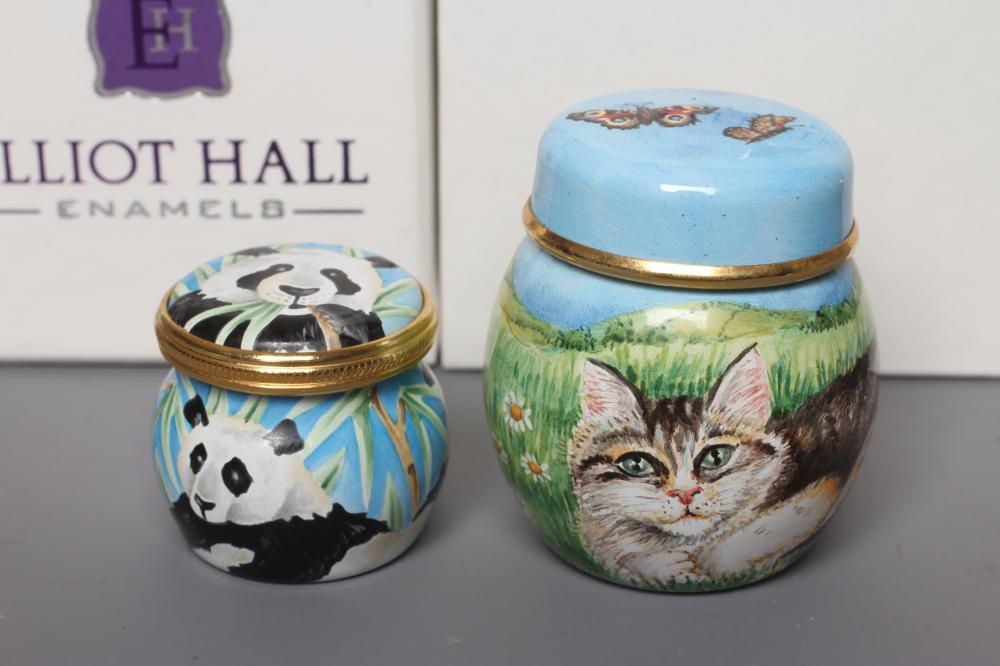 AN ELLIOT HALL ENAMEL JAR AND COVER of baluster form painted by M. Cooke with a Tabby Cat in Image