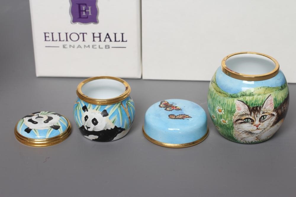 AN ELLIOT HALL ENAMEL JAR AND COVER of baluster form painted by M. Cooke with a Tabby Cat in Image