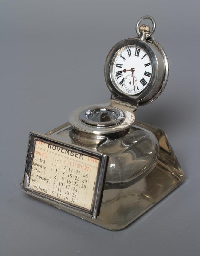 AN EDWARDIAN SILVER MOUNTED COMBINATION INKWELL/PERPETUAL CALENDAR AND WATCH HOLDER by John Grinsell Image