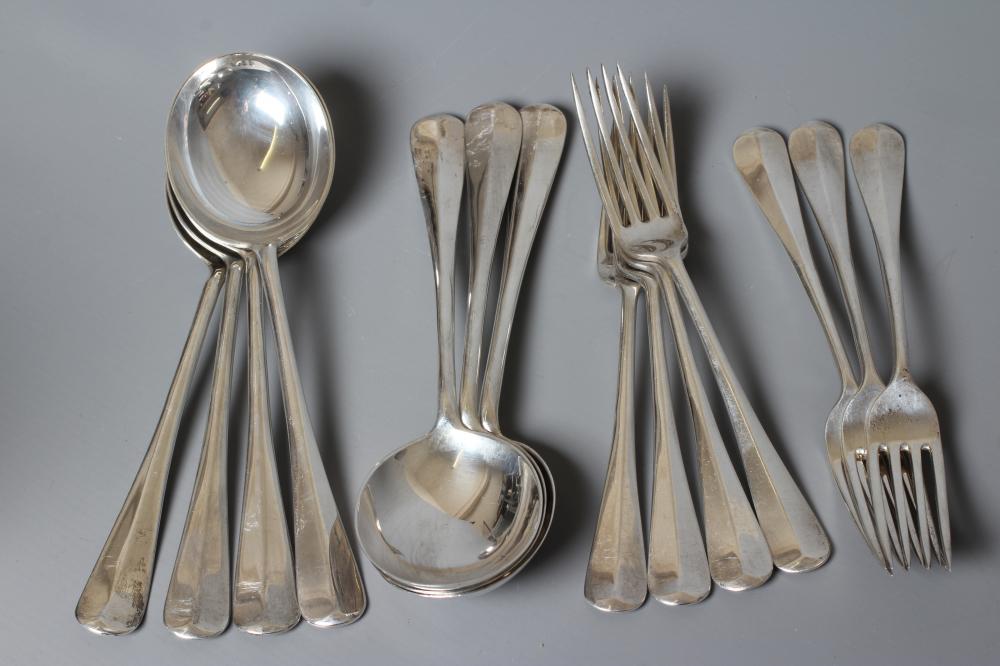A SET OF SEVEN EACH SILVER RAT TAIL PATTERN SOUP SPOONS AND DESSERT FORKS by Z Barraclough & Sons, Image