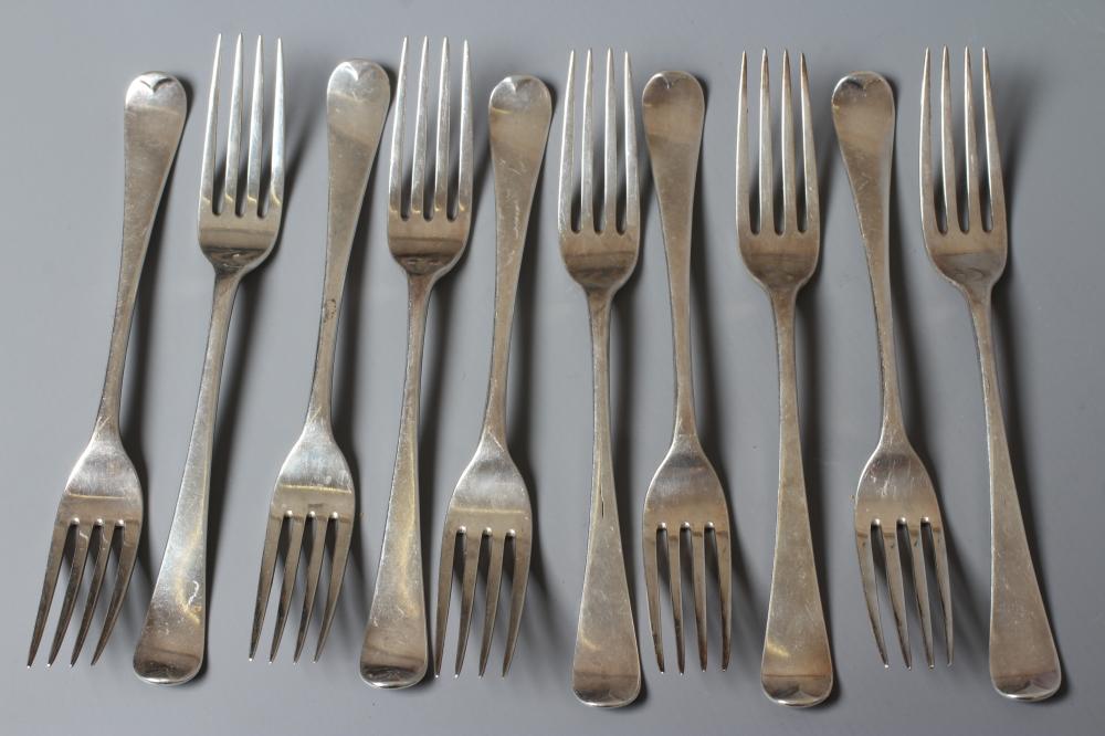 A SET OF TEN WILLIAM IV IRISH SILVER OLD ENGLISH PATTERN TABLE FORKS by Thomas Townsend, Dublin Image