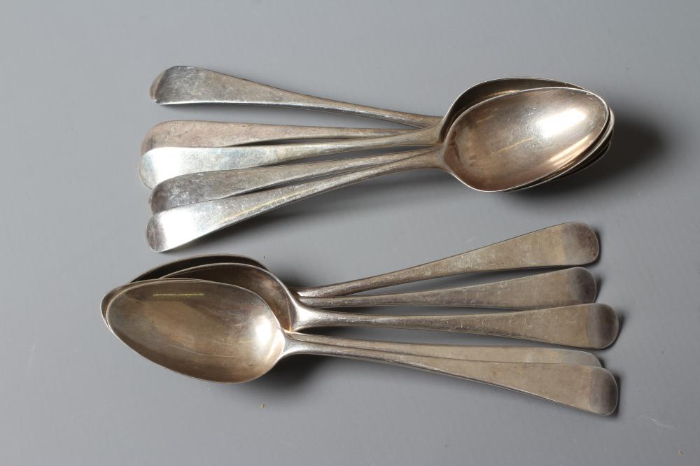 A COMPOSITE SET OF TEN GEORGE III SILVER OLD ENGLISH PATTERN DESSERT SPOONS including five by Image