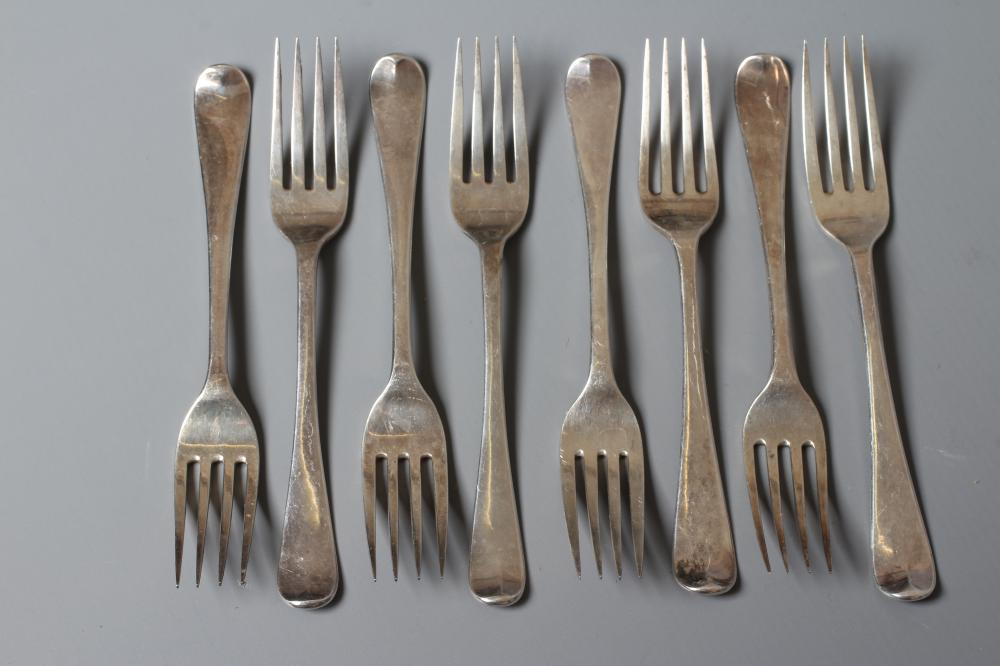 A SET OF FIVE LATE GEORGE III SILVER OLD ENGLISH PATTERN DESSERT FORKS by Solomon Hougham (one by Image