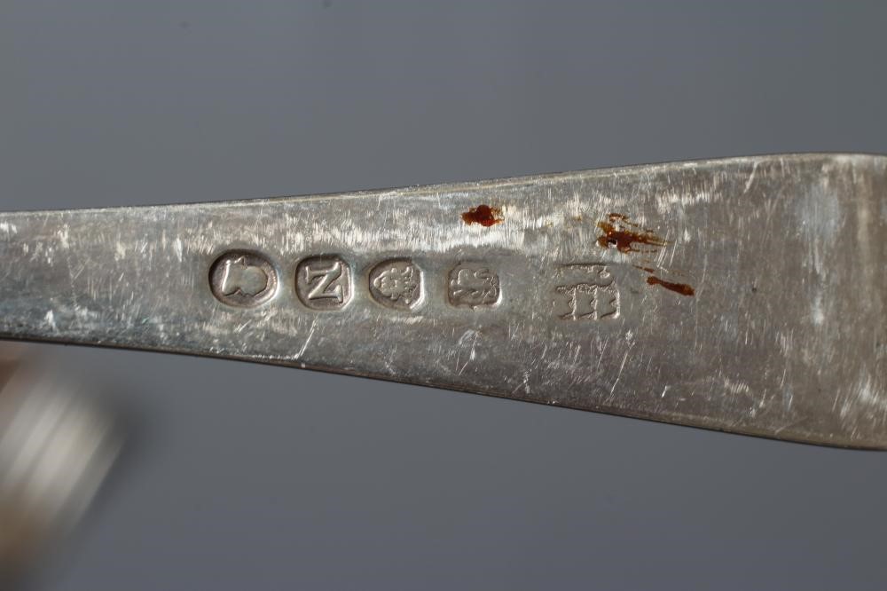 A SET OF FIVE LATE GEORGE III SILVER OLD ENGLISH PATTERN DESSERT FORKS by Solomon Hougham (one by Image