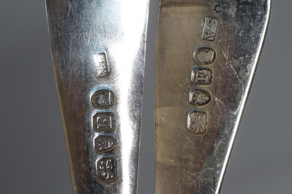 A COMPOSITE SET OF ELEVEN GEORGE III SILVER OLD ENGLISH PATTERN TABLE SPOONS including five by Image
