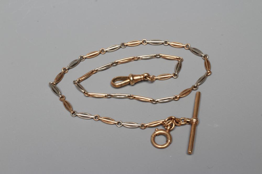 A BI-COLOUR 9CT GOLD FANCY LINK DRESS WATCH CHAIN with bar and dog-clip fastener, stamped 9ct, Image