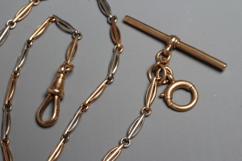 A BI-COLOUR 9CT GOLD FANCY LINK DRESS WATCH CHAIN with bar and dog-clip fastener, stamped 9ct, Image