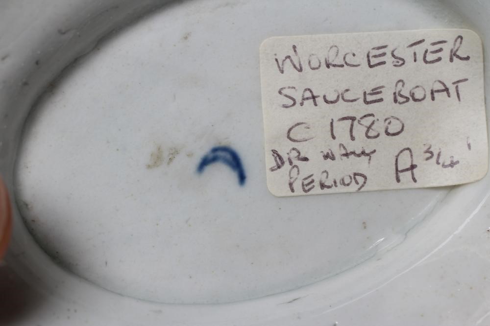 A WORCESTER PORCELAIN STRAP FLUTE FLORAL SAUCEBOAT, c.1780, of pleat moulded shaped oval form, Image