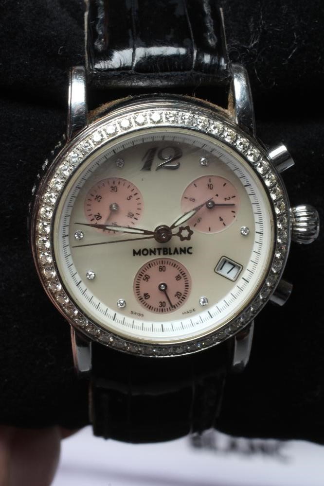 A LADY'S MONTBLANC DIAMOND ARTISAN MEISTERSTUCK CHRONOGRAPH Image