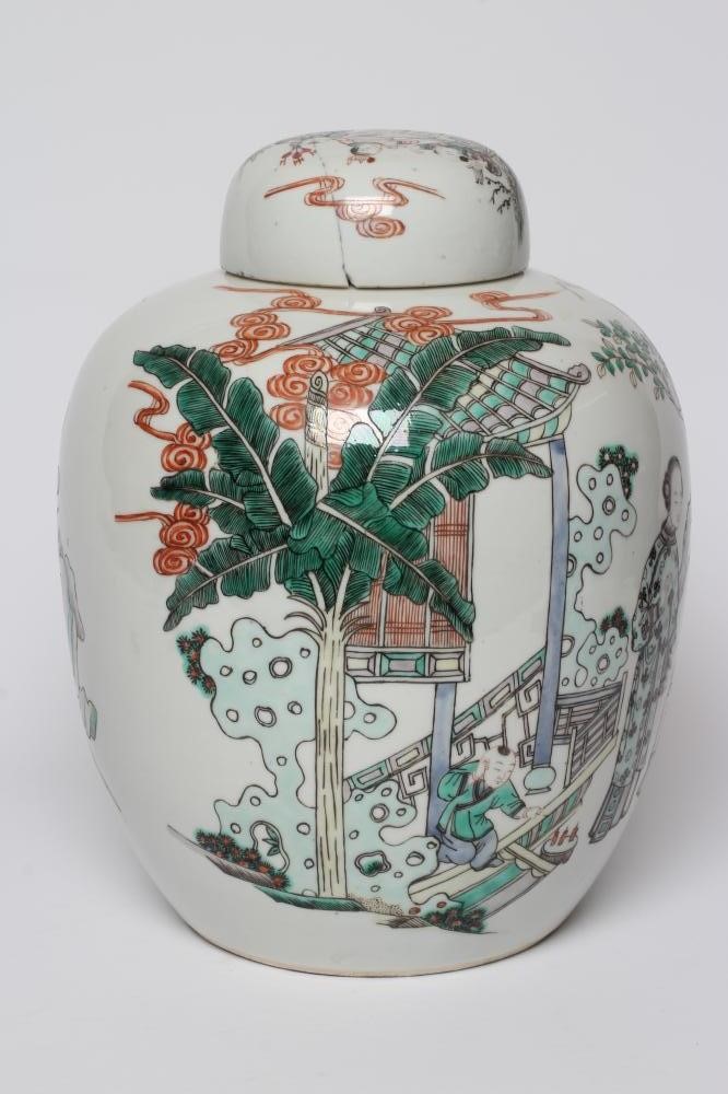 A CHINESE PORCELAIN FAMILLE VERTE LARGE JAR AND COVER painted with four ladies and eight children at Image