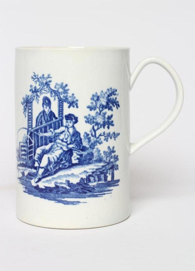 A WORCESTER PORCELAIN LA PECH AND PROMENADE LARGE MUG, c.1775, of plain cylindrical form, underglaze Image