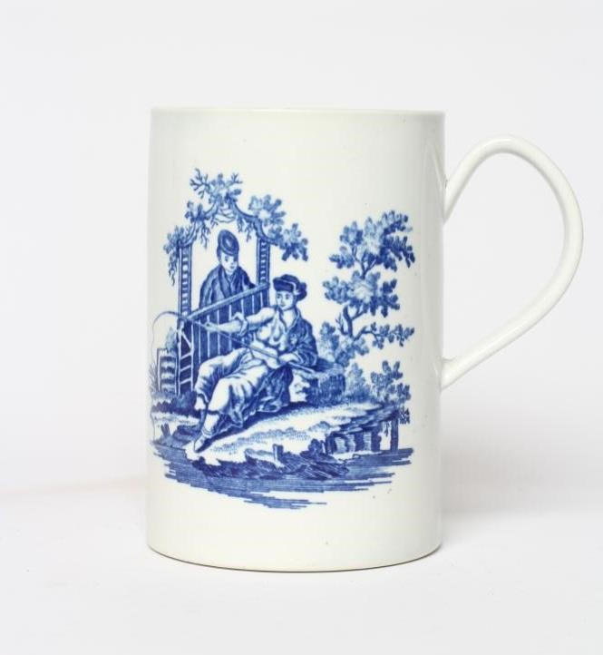 A WORCESTER PORCELAIN LA PECH AND PROMENADE LARGE MUG, c.1775, of plain cylindrical form, underglaze Image