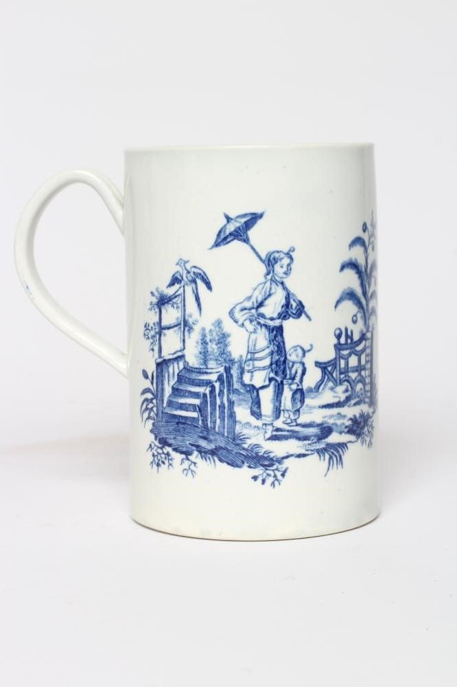 A WORCESTER PORCELAIN LA PECH AND PROMENADE LARGE MUG, c.1775, of plain cylindrical form, underglaze Image