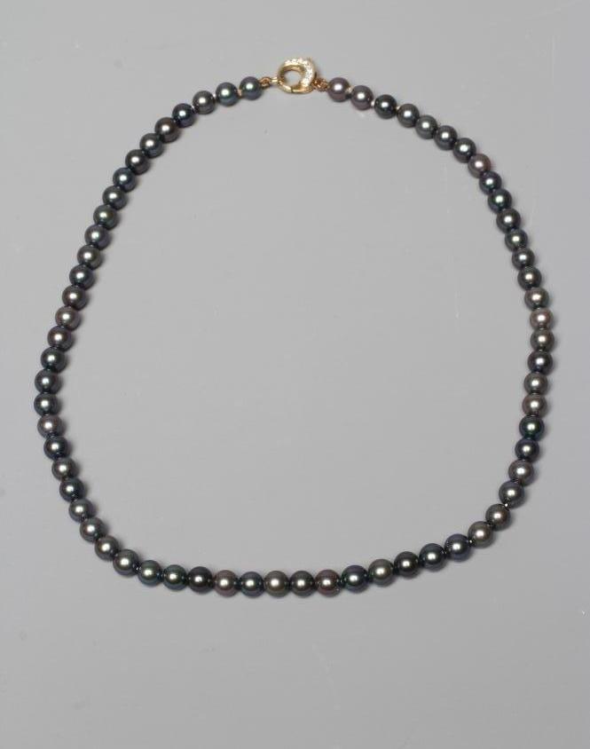 A SINGLE STRING OF BLACK CULTURED PEARLS, the circular clasp stamped 750 and point set with seven Image