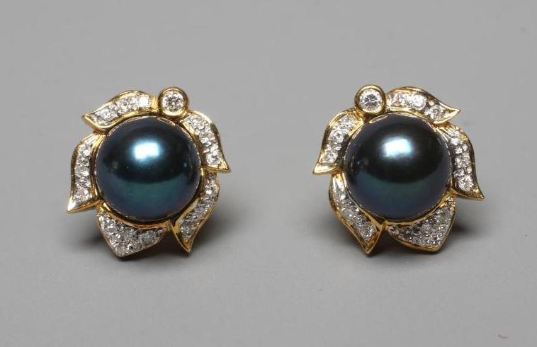 A PAIR OF BLACK CULTURED PEARL AND DIAMOND CLUSTER EAR STUDS set to plain posts and butterflies, Image