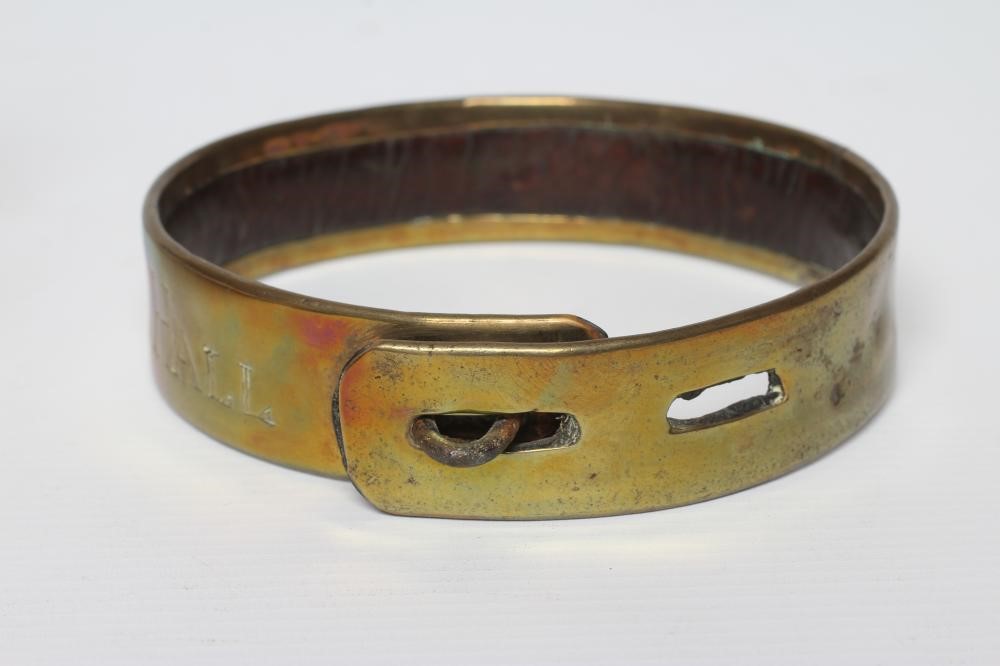 A BRASS DOG COLLAR, early 19th century, engraved 'T R Clapham, Austwick Hall', leather lined, 4 1/2" Image