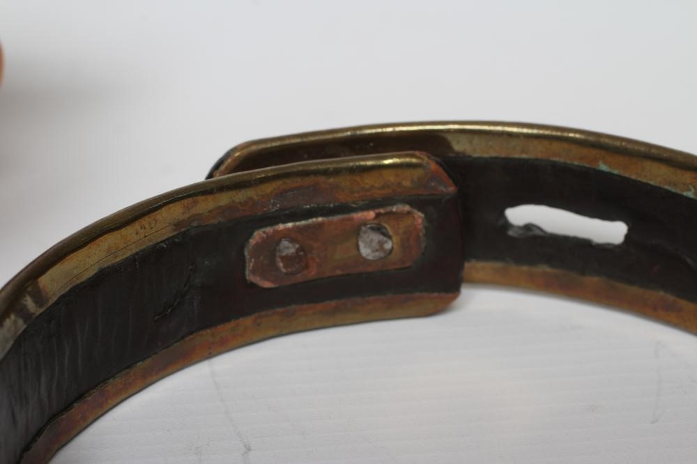 A BRASS DOG COLLAR, early 19th century, engraved 'T R Clapham, Austwick Hall', leather lined, 4 1/2" Image