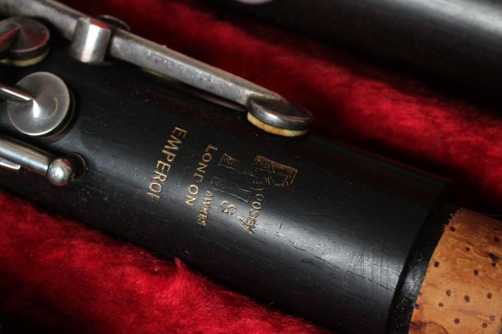 A PAIR OF BOOSEY & HAWKES EMPEROR B? CLARINETS, polished wood with bakelite (?) bells, serial Image