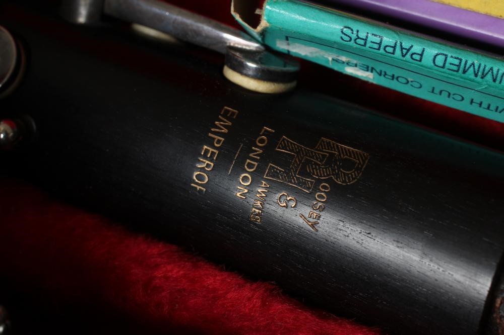 A PAIR OF BOOSEY & HAWKES EMPEROR B? CLARINETS, polished wood with bakelite (?) bells, serial Image