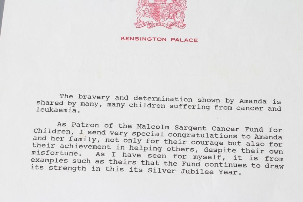 A SIGNED LETTER FROM PRINCESS DIANA on Kensington Palace paper Image