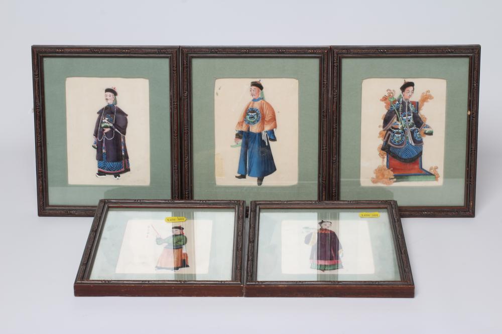 A SET OF FIVE CHINESE WATERCOLOURS ON SILK depicting Chinese figures including a young lady seated Image