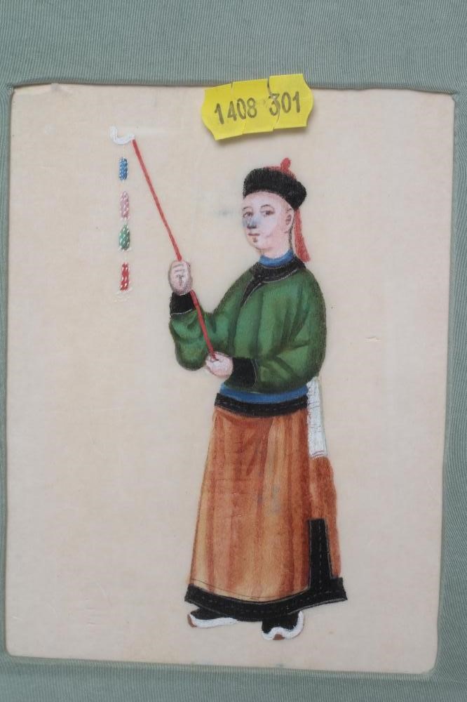 A SET OF FIVE CHINESE WATERCOLOURS ON SILK depicting Chinese figures including a young lady seated Image