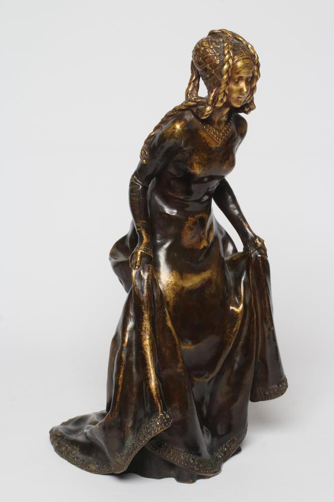 ALEXANDRE CLERGET (French 1856-1931) Lady wearing medieval costume, gilded bronze, signed 'A Image