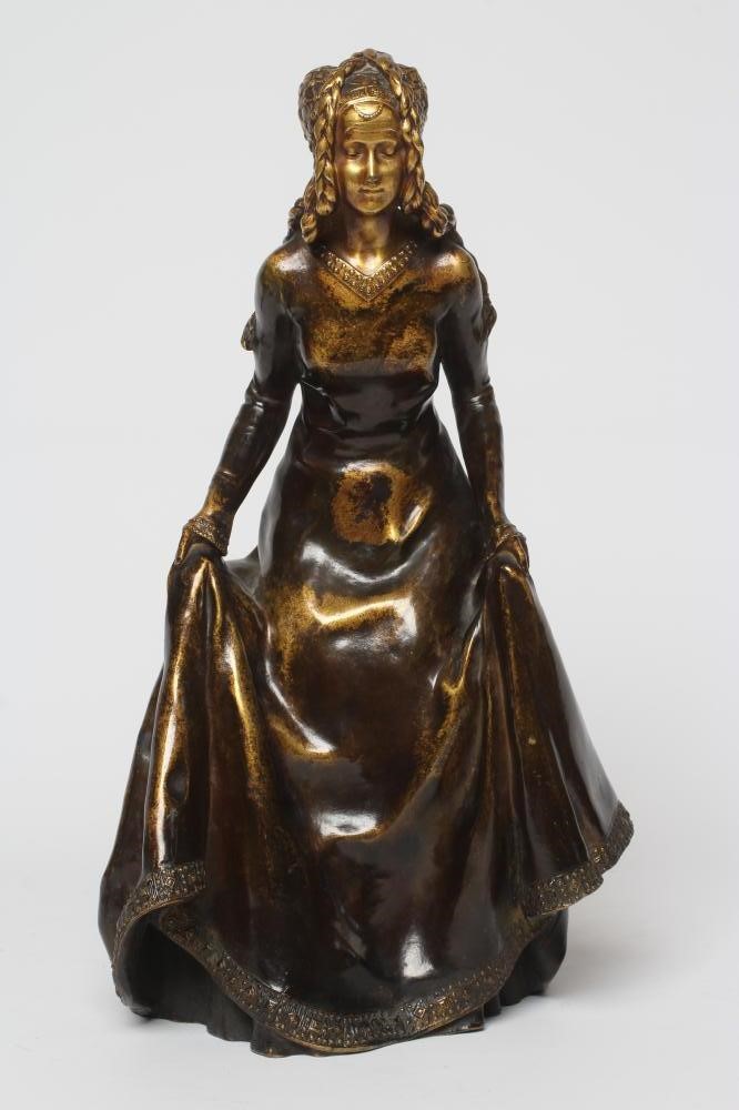 ALEXANDRE CLERGET (French 1856-1931) Lady wearing medieval costume, gilded bronze, signed 'A Image