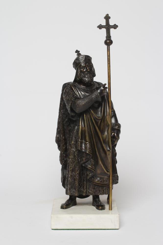 BRITISH SCHOOL (20th Century) Bronze of a Medieval Bishop wearing chainmail, a cloak and holding a Image