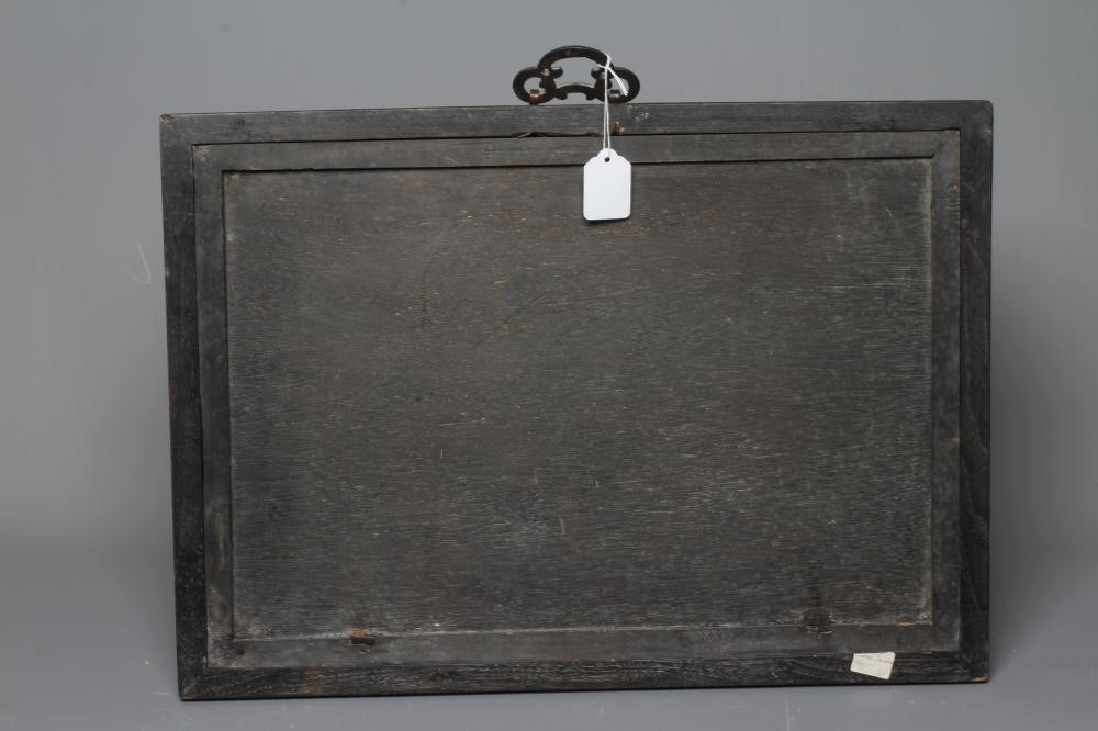 A CHINESE REVERSE PAINTING ON GLASS of a young lady in landscape holding a flower with a deer beside Image