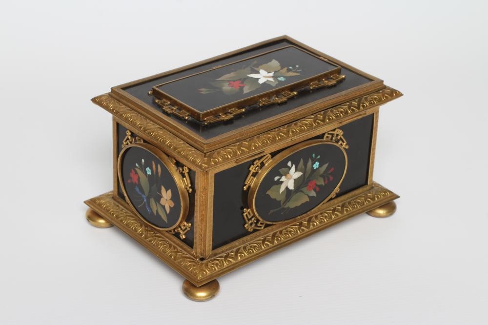 AN ITALIAN STYLE ORMOLU MOUNTED BLACK SLATE PIETRA DURA INLAID CASKET Image