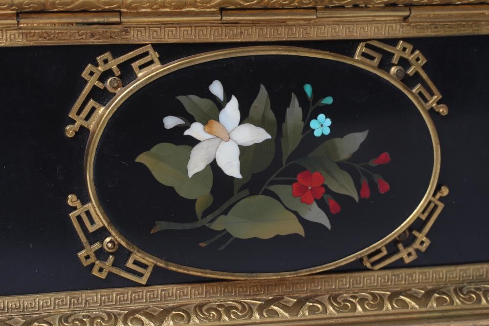 AN ITALIAN STYLE ORMOLU MOUNTED BLACK SLATE PIETRA DURA INLAID CASKET Image