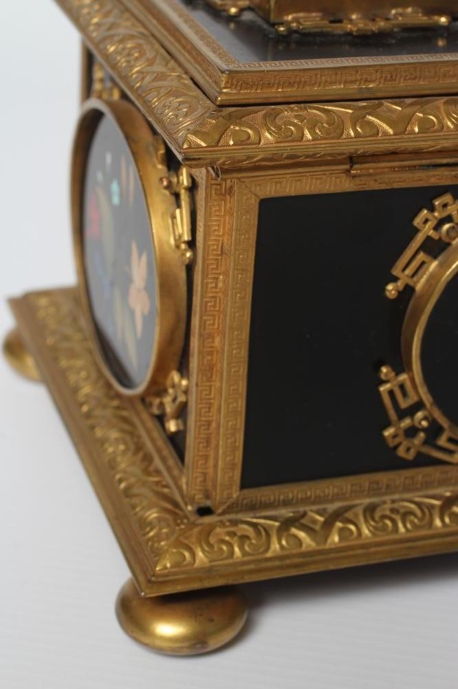 AN ITALIAN STYLE ORMOLU MOUNTED BLACK SLATE PIETRA DURA INLAID CASKET Image