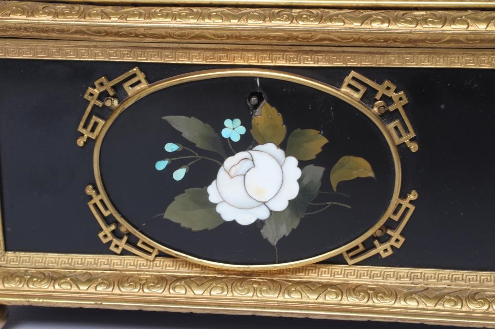 AN ITALIAN STYLE ORMOLU MOUNTED BLACK SLATE PIETRA DURA INLAID CASKET Image